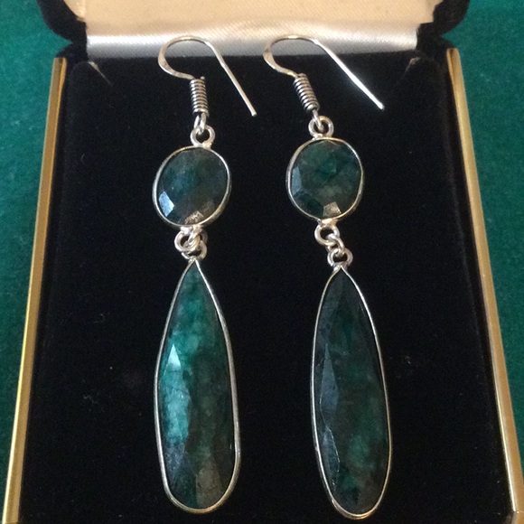 Genuine Emerald  Faceted Dangle Drop Earrings - Picture 8 of 11